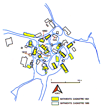 Évolution du village de Beauberty entre 1824 et 1986 (J.-M. SAUGET)
