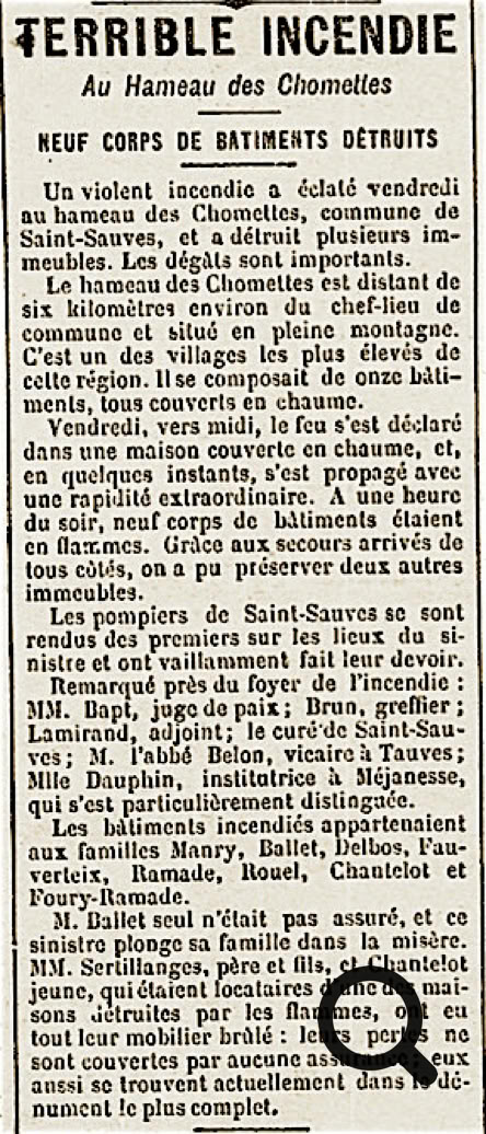 Article de journal en noir et blanc avec le titre "Terrible Incendie" en haut, suivi de plusieurs paragraphes de texte décrivant un incendie et ses conséquences.