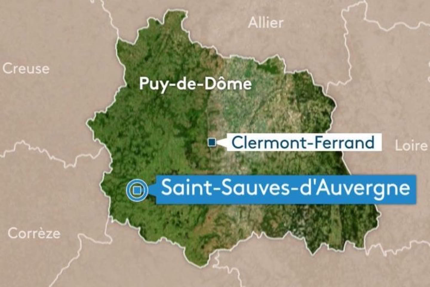 Carte montrant le département du Puy-de-Dôme en France avec les villes de Clermont-Ferrand et Saint-Sauves-d'Auvergne indiquées.