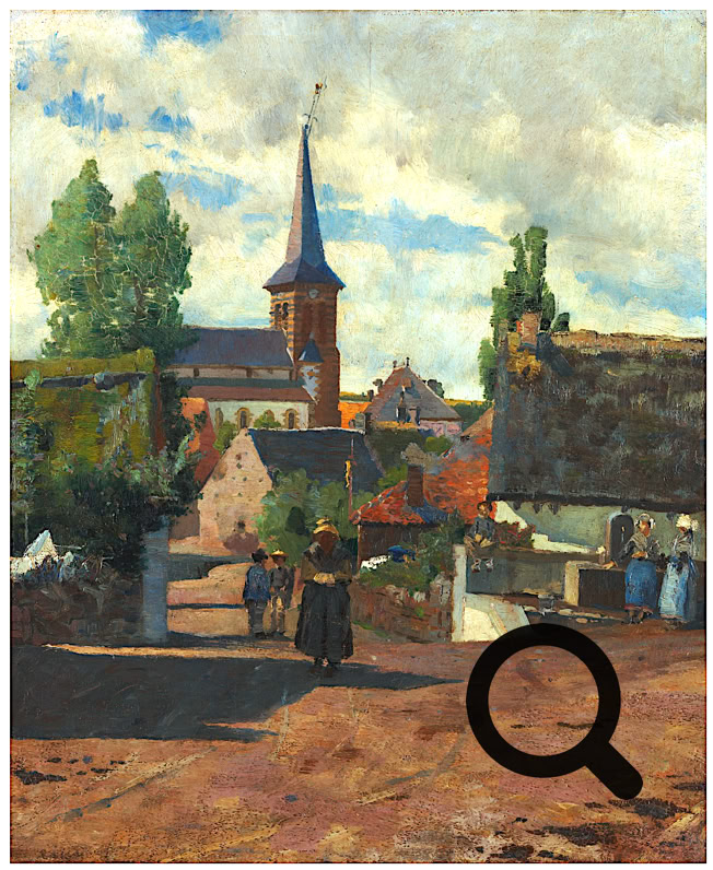 Peinture d'un village avec une église au clocher pointu, des maisons en arrière-plan, des arbres et une route avec une personne marchant au centre.