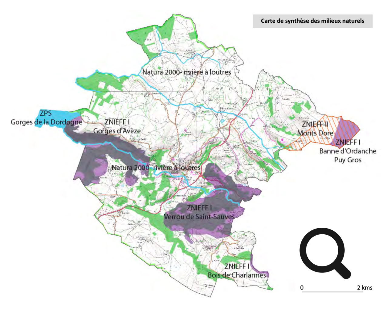 Carte montrant des zones naturelles colorées avec des routes et des noms de lieux.