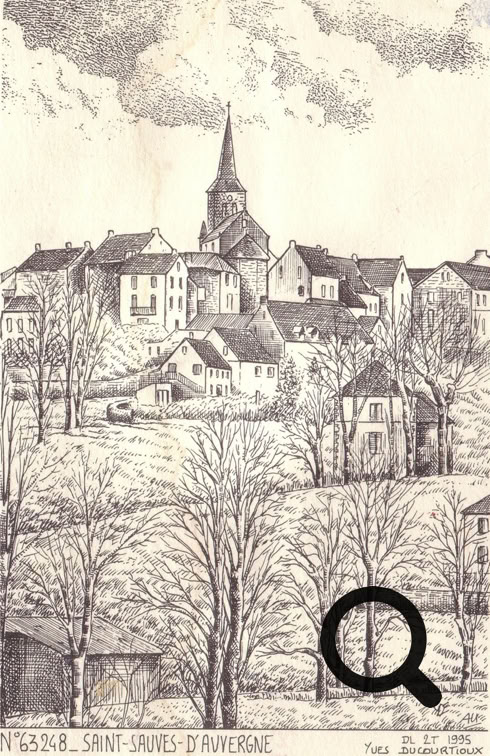 Dessin en noir et blanc d'un village avec des maisons, une église avec un clocher, et des arbres sans feuilles au premier plan.