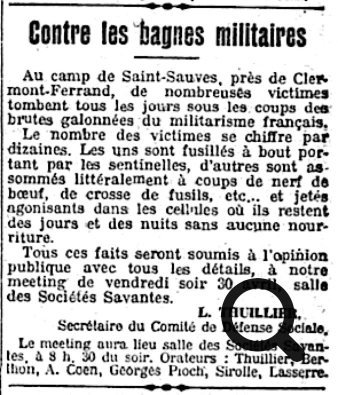 Article de journal en noir et blanc intitulé "Contre les bagnes militaires", décrivant des abus dans un camp militaire près de Clermont-Ferrand, avec une invitation à une réunion publique.