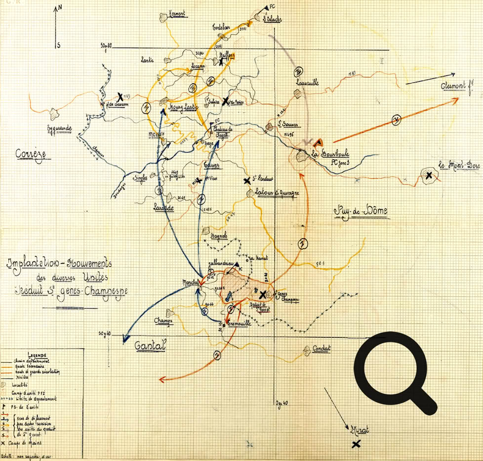 Carte dessinée à la main montrant des lignes de mouvement et des flèches colorées sur un fond quadrillé, avec des noms de lieux et une légende en bas à gauche.