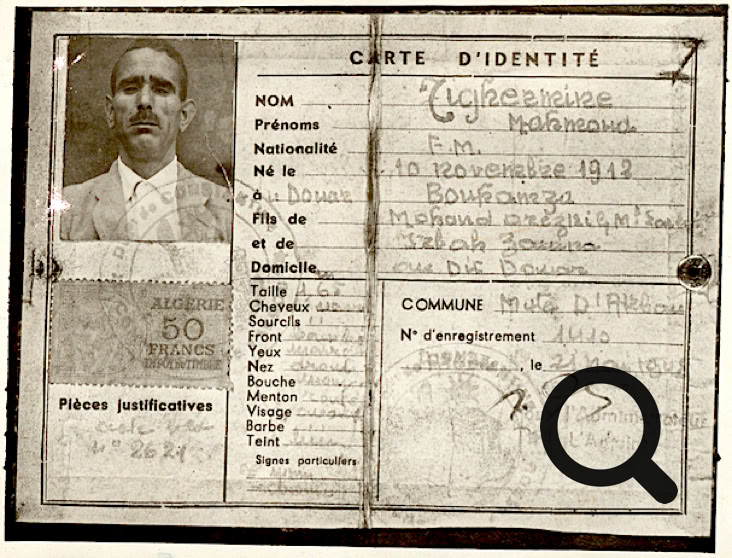 Carte d'identité ancienne avec une photo en noir et blanc de Mahmoud TIGHERMINE à gauche et des informations écrites à droite, incluant des détails personnels et une signature.