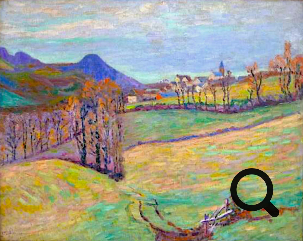 Peinture d'un paysage avec des collines, des arbres, un village au loin et un ciel nuageux.