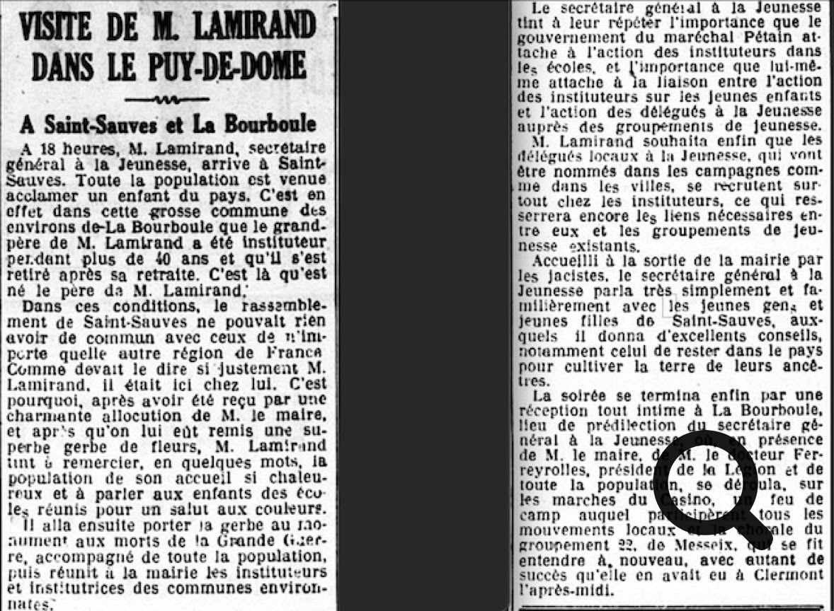 Image d'un article de journal en noir et blanc avec du texte en colonnes, intitulé "Visite de M. Lamirand dans le Puy-de-Dôme".