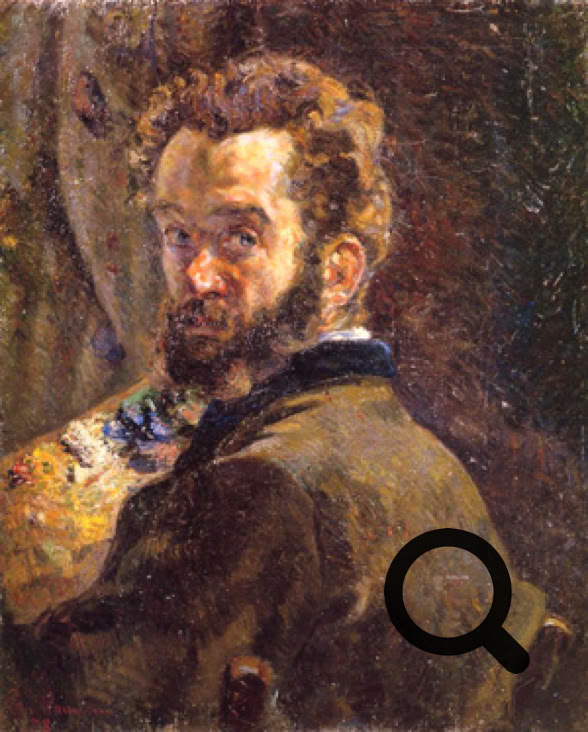 Peinture d'Armand Guillaumin barbu avec des cheveux bouclés, portant une veste sombre, regardant par-dessus son épaule.