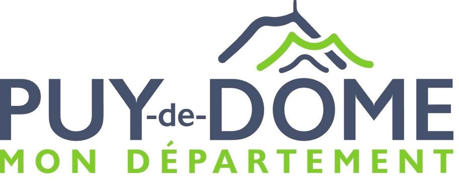 Logo avec le texte "Puy-de-Dôme Mon Département" et un dessin stylisé de montagnes en bleu et vert.