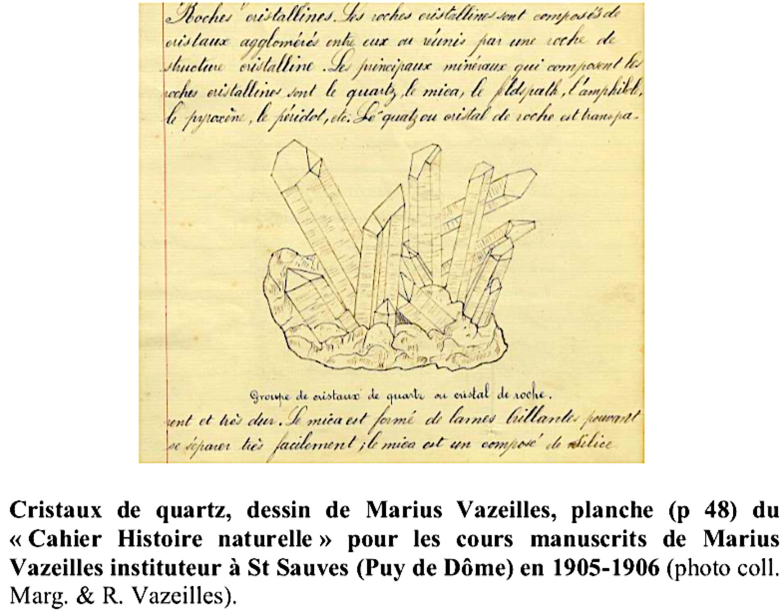 Dessin de cristaux de quartz avec du texte manuscrit en arrière-plan.