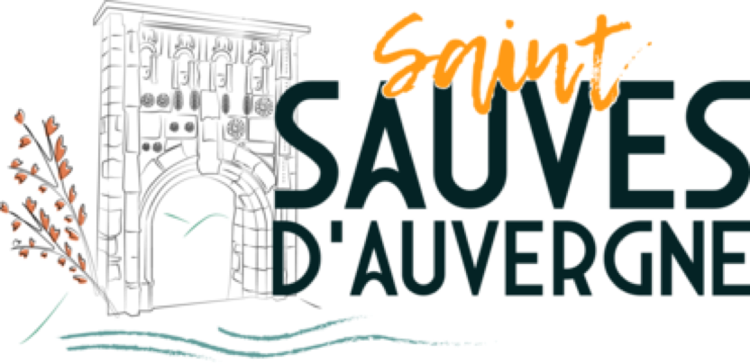 Illustration d'un bâtiment historique avec des textes "Saint Sauves d'Auvergne" à côté.