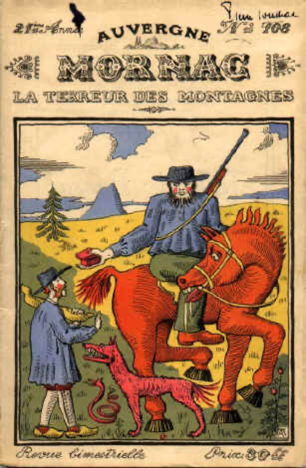 Illustration de Mornac à cheval tenant un fusil, avec un chien rouge à ses côtés et un autre homme en costume bleu pointant du doigt. Paysage de montagnes en arrière-plan.
