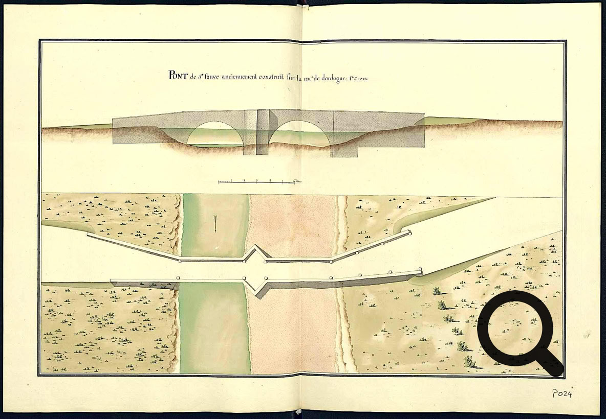 Illustration technique montrant une coupe transversale et une vue aérienne d'un pont sur un canal avec des chemins et des zones herbeuses environnantes.