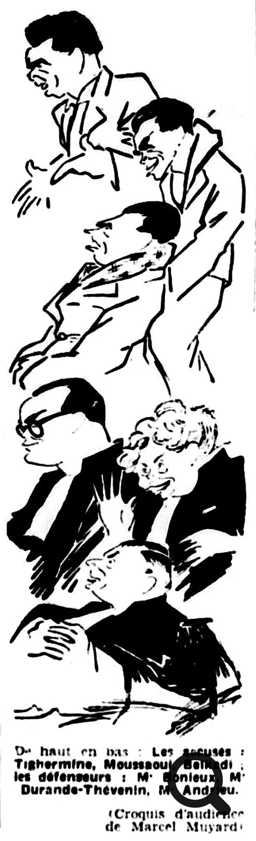 Dessin en noir et blanc montrant cinq hommes empilés les uns sur les autres, chacun portant un costume. Le texte en bas de l'image est en français.