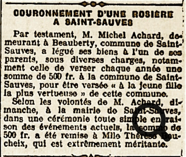 Texte d'un article de journal intitulé "Couronnement d'une rosière à Saint-Sauves", décrivant un testament de M. Michel Achard et la remise d'une somme d'argent à une jeune fille vertueuse de la commune.