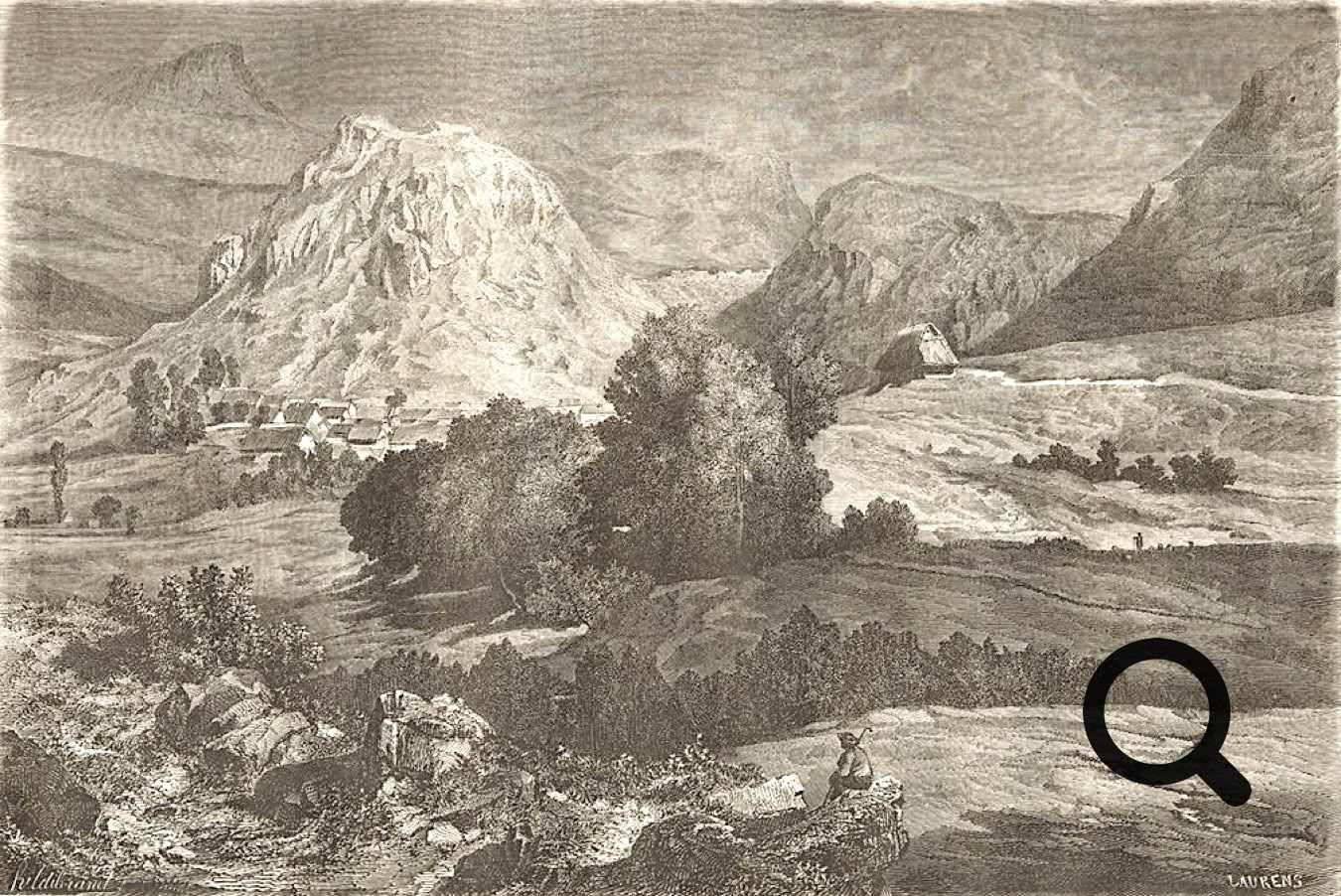 Gravure en noir et blanc d'un paysage montagneux avec des collines, des arbres et un ciel nuageux.