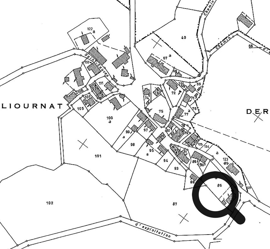 Carte en noir et blanc montrant un village avec des bâtiments, des routes et des parcelles numérotées.