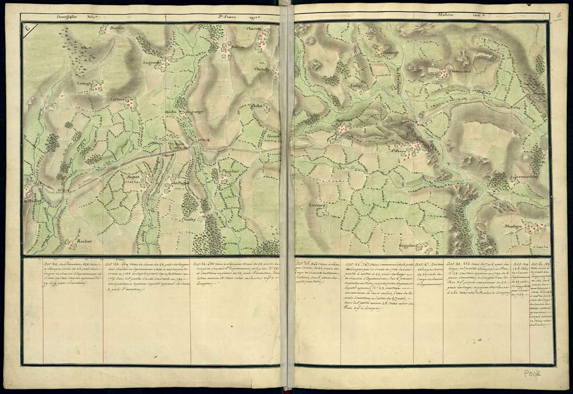 Carte ancienne en deux pages avec des détails topographiques, des lignes de contour et des annotations en bas.