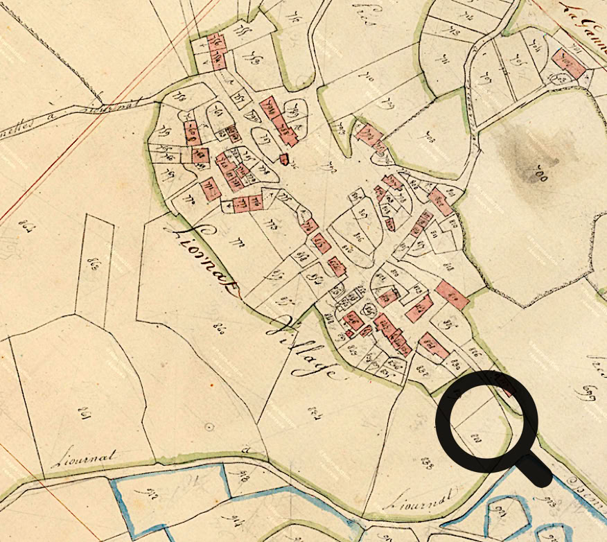 Carte ancienne montrant un village avec des bâtiments en rouge, des routes et des parcelles de terrain délimitées.