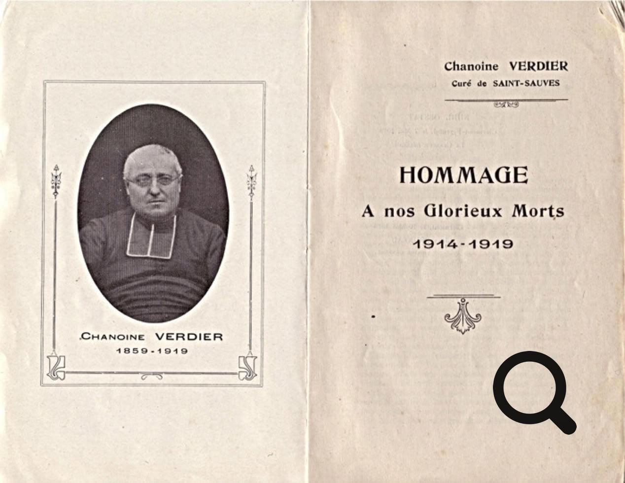 Portrait d'une personne âgée en tenue religieuse à gauche, texte à droite avec les mots "Hommage à nos Glorieux Morts 1914-1919".
