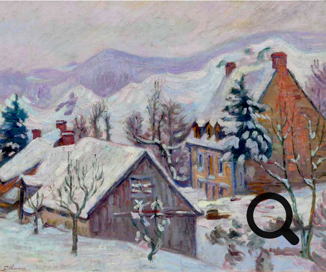 Paysage hivernal avec maisons enneigées, arbres dépouillés et montagnes en arrière-plan.