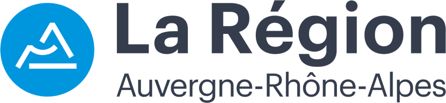 Logo avec un cercle bleu contenant un dessin stylisé de montagnes blanches à gauche, et le texte "La Région Auvergne-Rhône-Alpes" à droite.