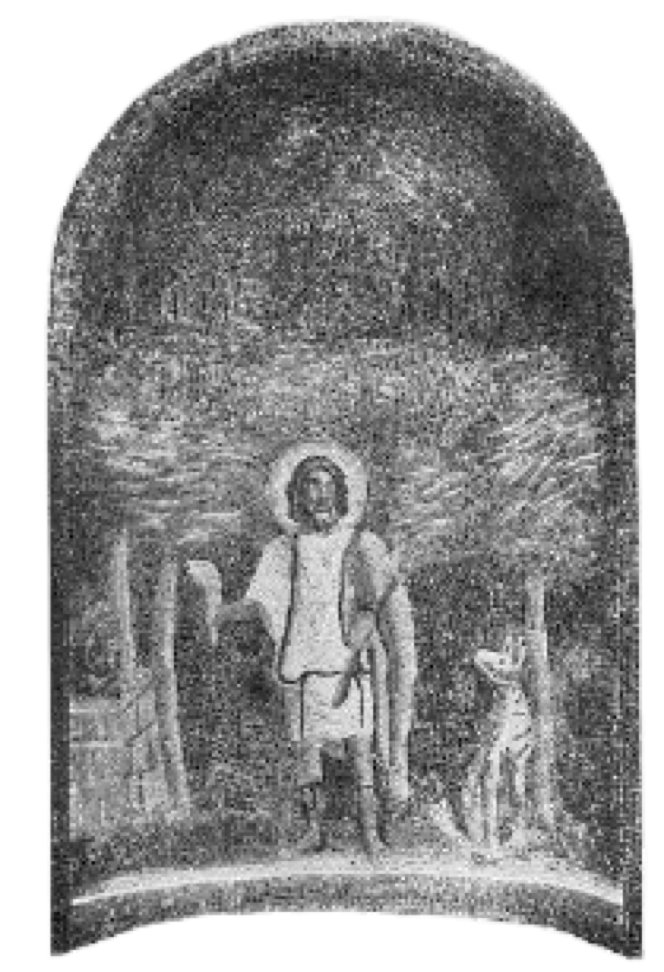 Image en noir et blanc d'une fresque montrant une figure avec une auréole, tenant un bâton, debout près d'un arbre et d'un animal, dans un cadre en forme d'arc.