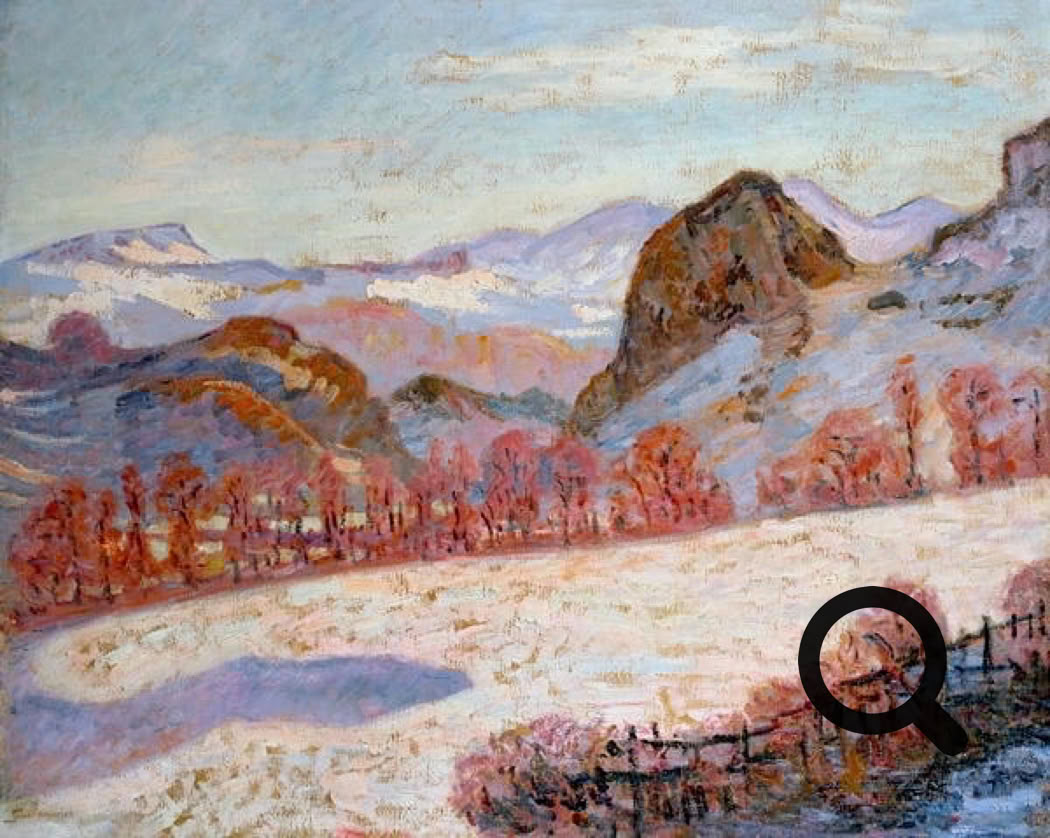 Peinture d'un paysage montagneux avec des arbres aux couleurs automnales, un champ enneigé au premier plan et un ciel nuageux.